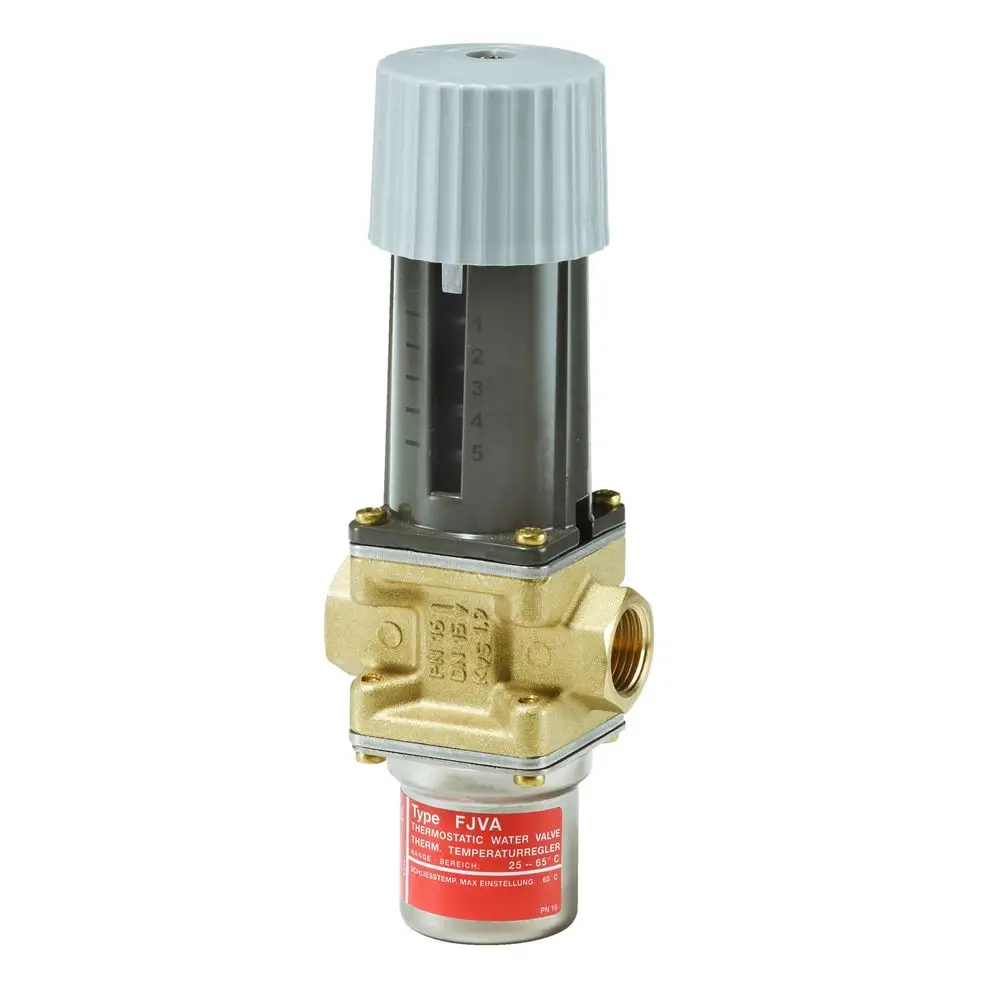 Thermostatisches Kühlwasserventil von Danfoss mit transparentem Gehäuse zur Temperaturregulierung, eingestellt über eine drehbare Kappe.
